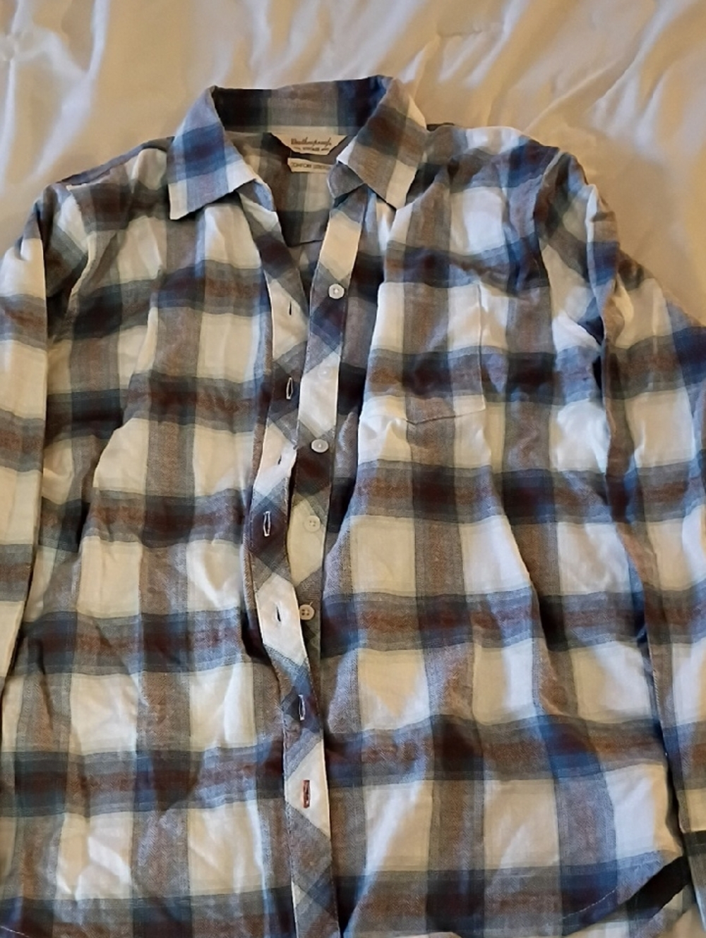 Vintage Women's Plaid Button-Down Shirt in Blue, Brown, and White